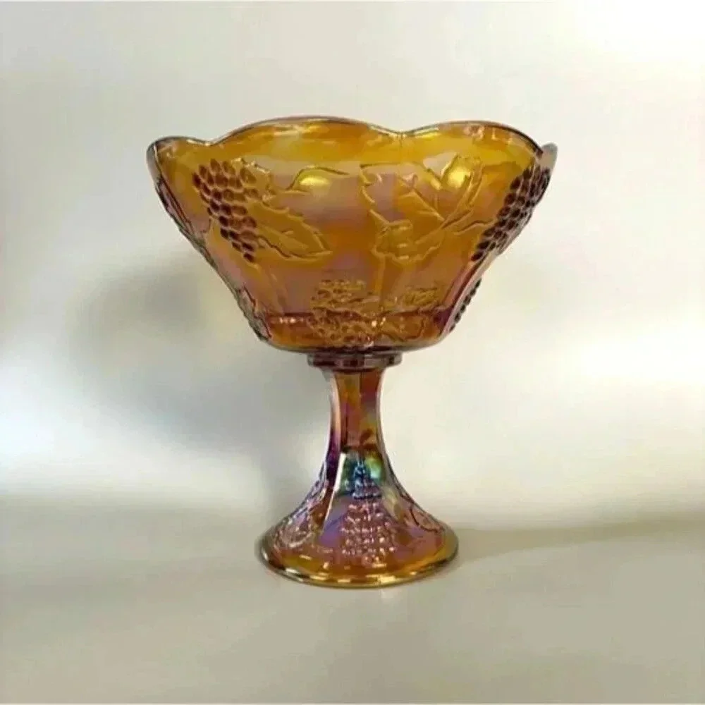 Vintage Amber Indiana Carnival Glass Iridescent Fruit Embellished Bowl
